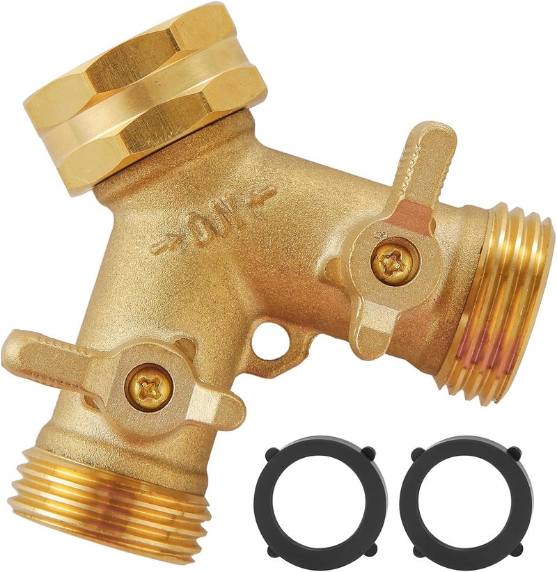 BILBAL Garden Hose Splitter 2 Way Heavy Duty, Outdoor Faucet Splitter 2 Way, Solid Brass Spigot Splitter Hose Y Splitter with Shutoff Valve - Image 1